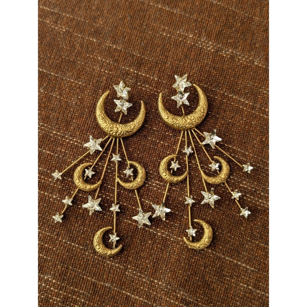 Jennifer Behr Celestial Moon & Star Statement Earrings Gold Tone Crystal...‎
